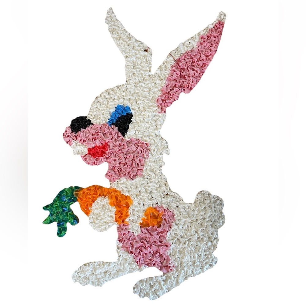 Vintage Glitter plaque melted popcorn white‎ Easter bunny rabbit window hanging